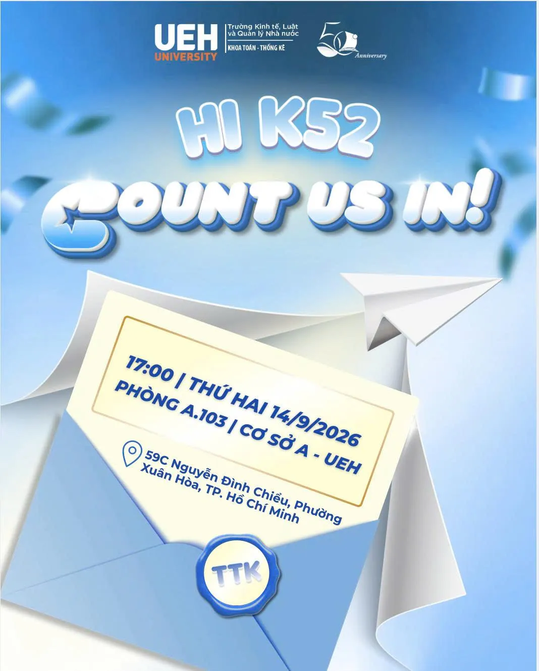 Thông báo mời tham dự Lễ Chào đón Tân sinh viên K52 Khoa Toán - Thống kê