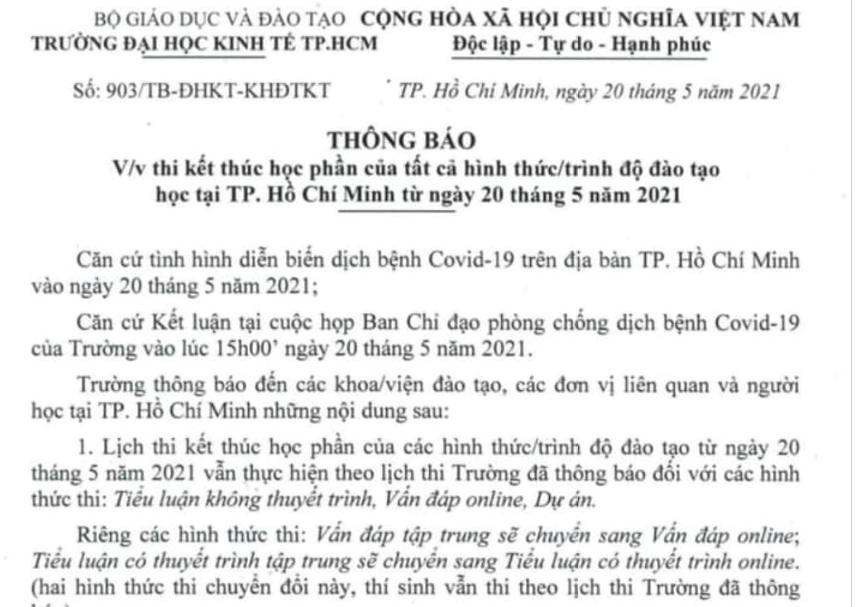 UEH thông báo về việc thi kết thúc học phần của tất cả hình thức/trình độ đào tạo học tại TP. HCM từ ngày 20/05/2021